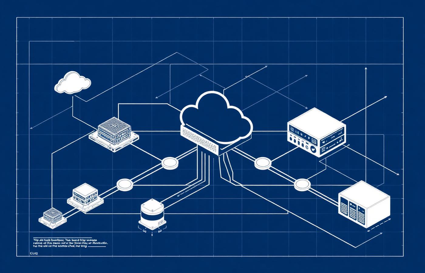 Blueprint schematic of cloud infrastructure with servers, cloud nodes and network topology drawn in white lines on navy background