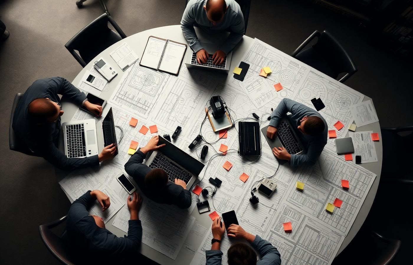 Overhead view of an engineering team collaborating around a table covered in technical schematics and laptops