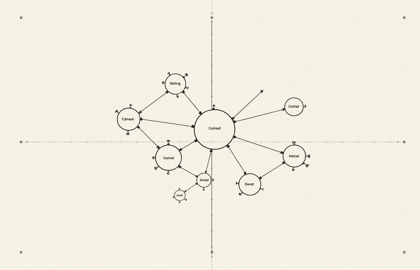 Abstract data architecture diagram of nodes and arrows drawn on gridded engineering paper