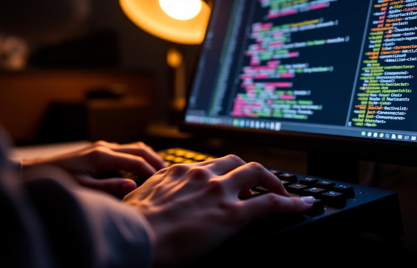 Close-up of a developer's hands typing on a mechanical keyboard in front of a code editor