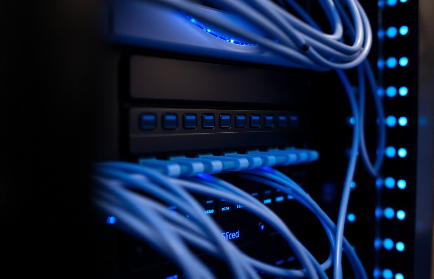 Close-up of a server rack with neatly organised fiber optic cables and blue LED indicators