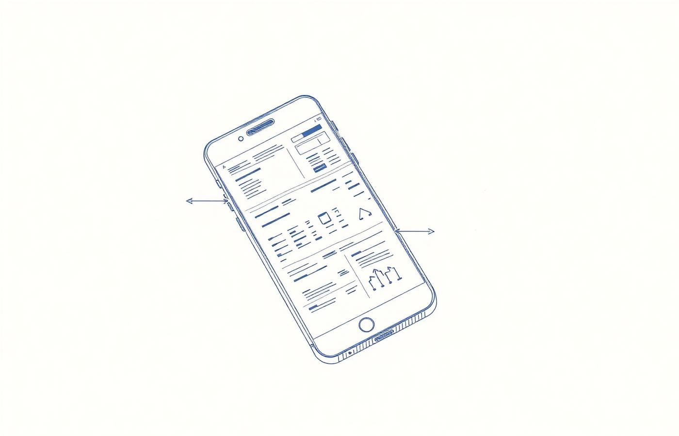 Line-drawn schematic of a mobile phone showing a user interface wireframe with dimension arrows on light paper