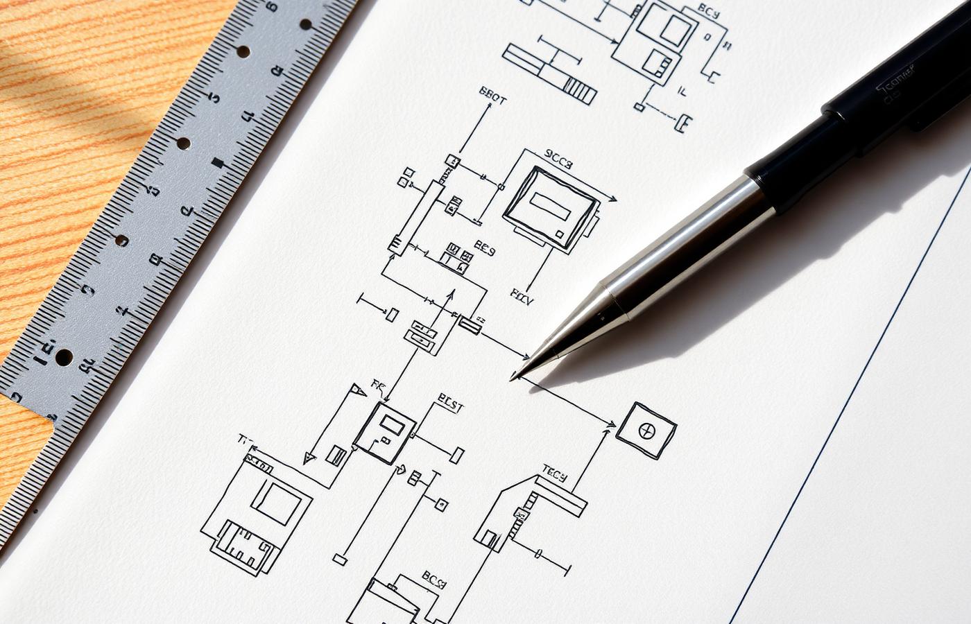 Overhead photograph of a notebook page with hand-drawn system diagrams, a ruler and a pen on a wooden desk