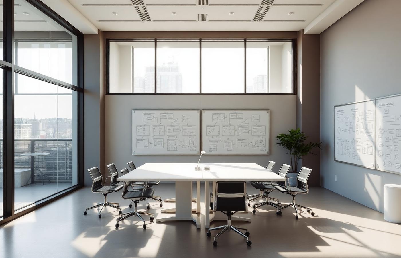 Modern office interior with a large meeting table, chairs and whiteboards showing system diagrams under natural daylight